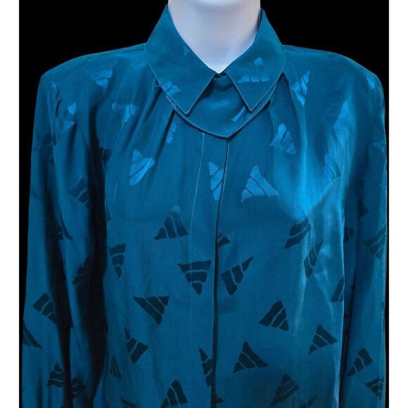 Vintage Teal Blouse Abstract Patterns & Unique Collar Design old money Elegant - Picture 2 of 8